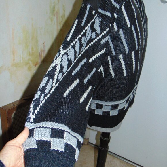 Vintage 80s Wayne Scott Sweater Men's Hand Knit Leather Black White Retro Large - Picture 5 of 10